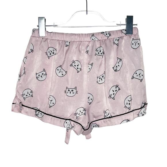 FOREVER 21 Cat Print Pajama Shirt Shorts Set Satin Lightweight Pink Size Small - Picture 7 of 10